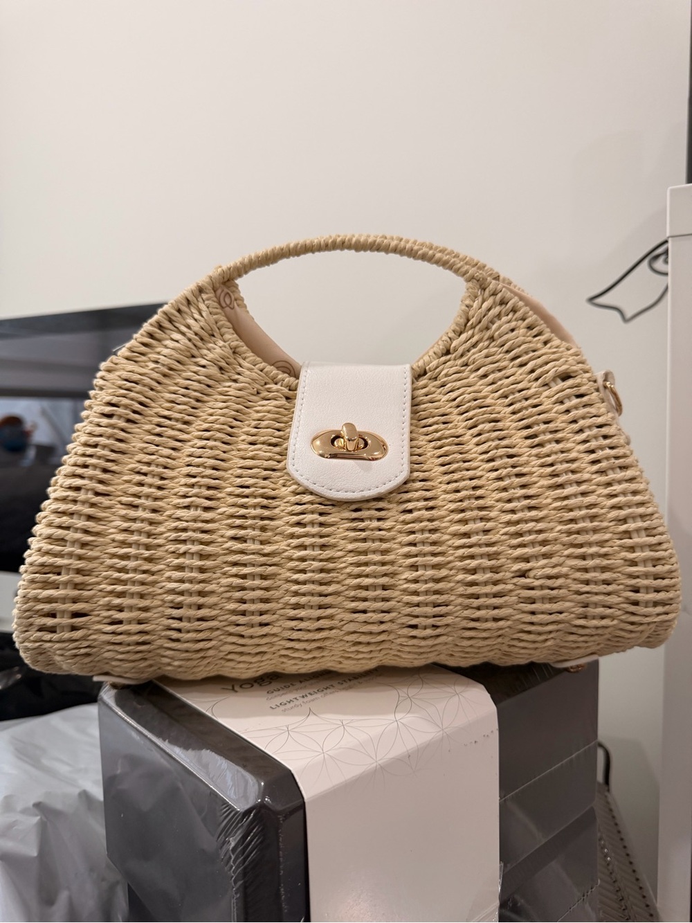 Woven Straw Top-Handle Bag with White Leather Trim